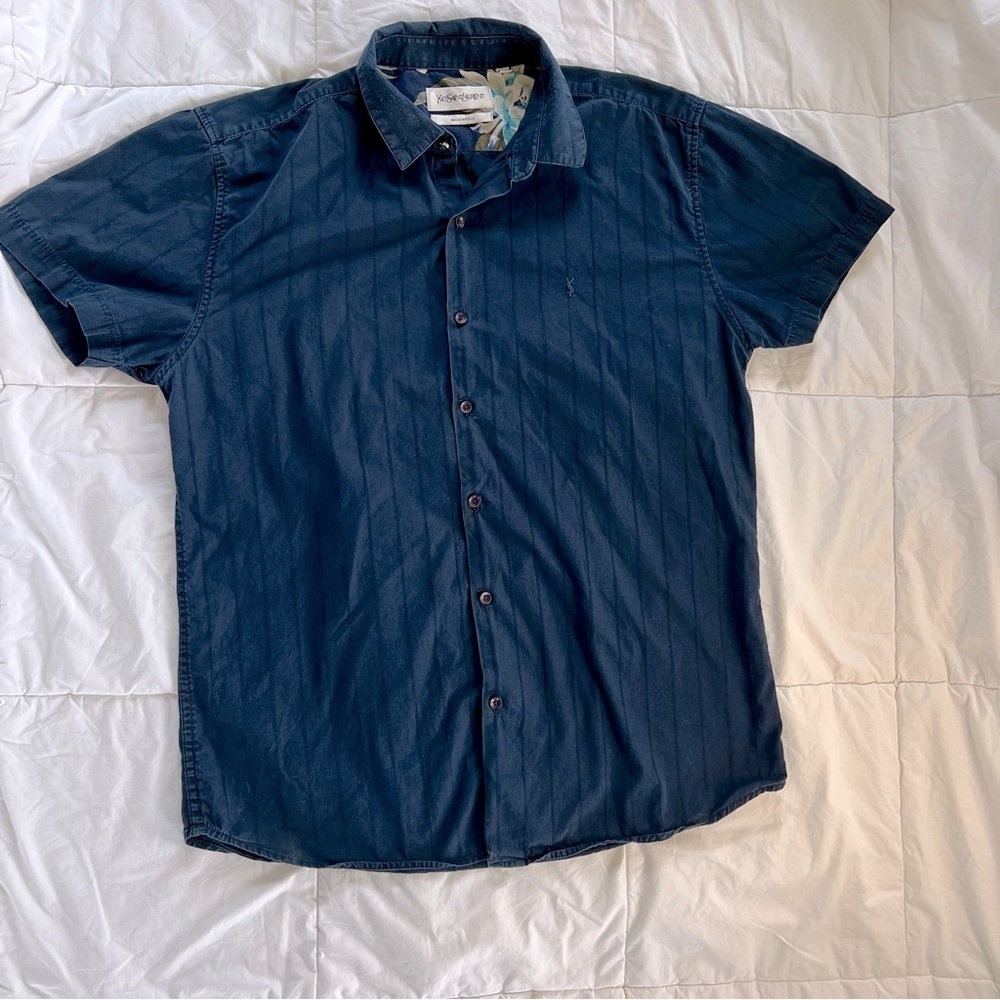 Yves Saint Laurent | Casual Striped Navy on Navy Button Down Shirt | Size XL
